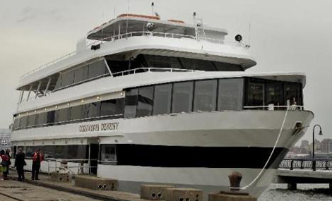 Cornucopia Destiny luxury yacht docked at the pier with panoramic windows.